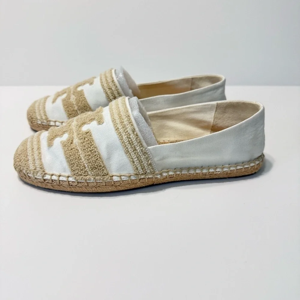 Tory Burch Ines Double T Canvas Espadrilles White Coastal Tan Flat Sz 10 Summer